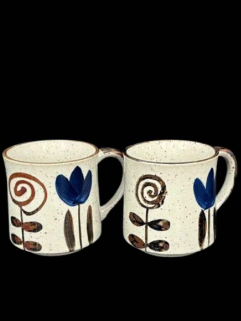 Vintage Otagiri Japan Cobalt Blue Brown Floral Speckled Stoneware Mugs Set 2